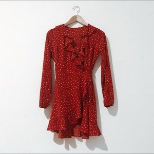 Burnt red ruffle wrap dress